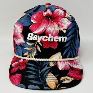 Vintage 80s Raychem Floral Hat Baseball Cap Hawaiian Rope Corded Snapback Black